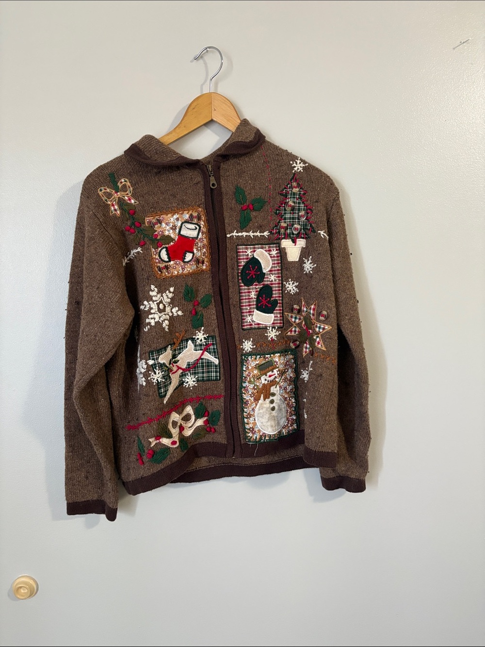 Brown Holiday Embroidered Zip-Up Sweater